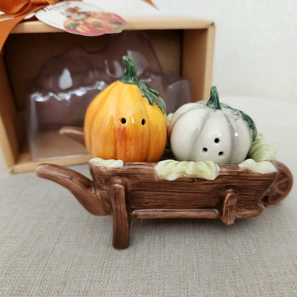 Blue Sky Clayworks Pumpkins in Wheelbarrow Salt & Pepper Shaker Set, Fall Autumn